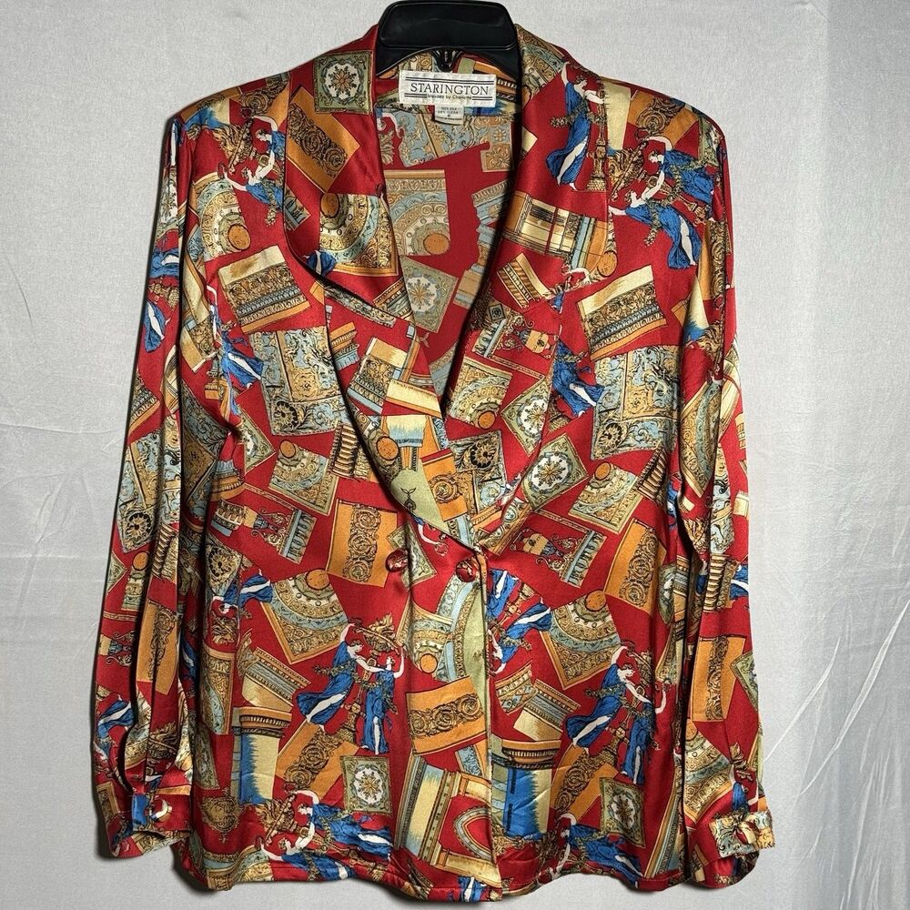 Vintage 100% Silk Blazer Starington Red Print Jacket Size 8 Made Hong Kong